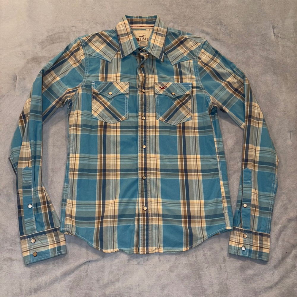 Hollister Mens Blue Plaid Pearl Snap Western Long Sleeve Shirt Medium Y2K Cowboy